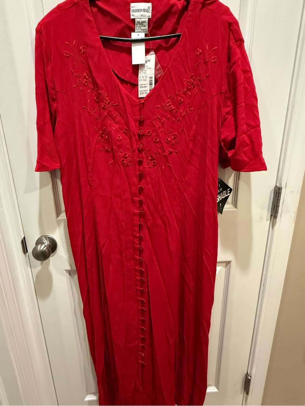 Vintage Fashion Bug Red Embroidered Front-Button Maxi Dress